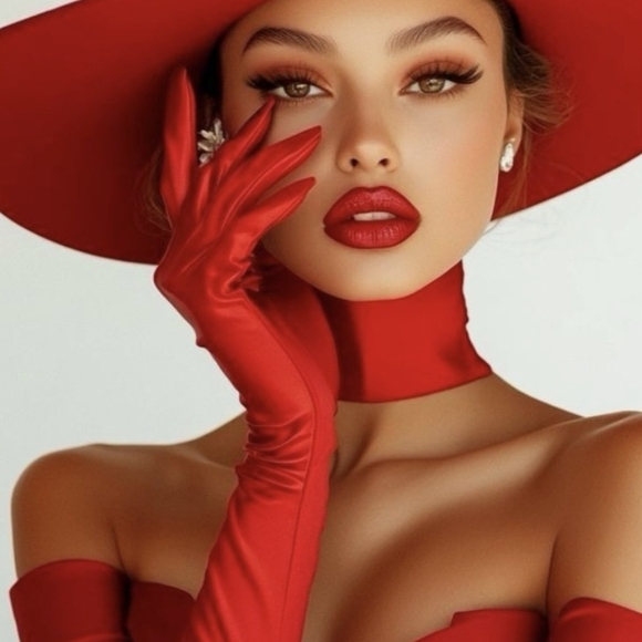 Red Satin Stretchy Women's Hat and Glove Set 23 Inch - Picture 1 of 8